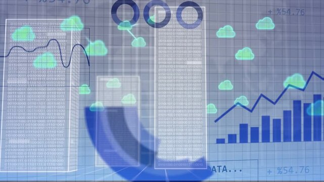 Streaming data starting panel, servers rising, clouds forming, trend line climbing showing insights
