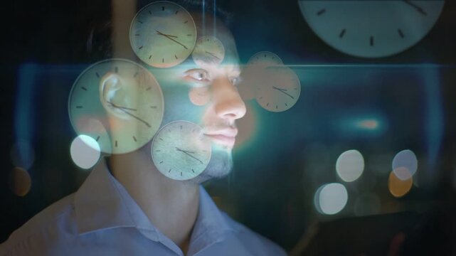 Male worker holding glowing tablet initiating clock and bokeh while tracking schedule in tech