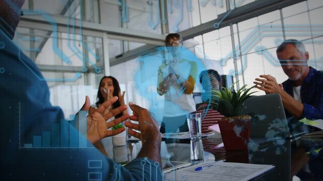 Host gesturing, team clapping and honoring standing peer in business meeting, hologram overlaying