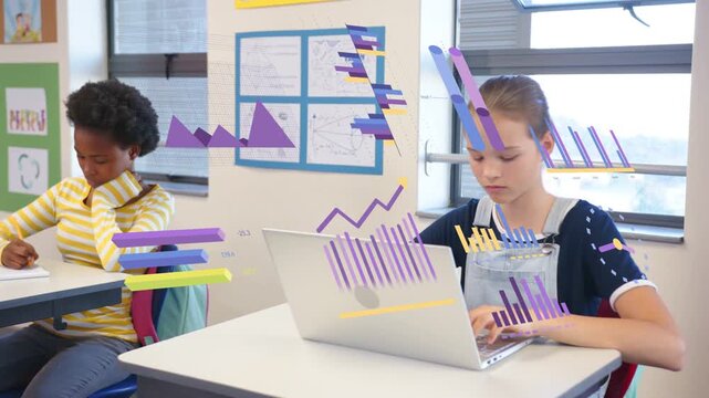 Right pupil typing laptop showing purple or yellow data for class pausing gazing window as cam panni