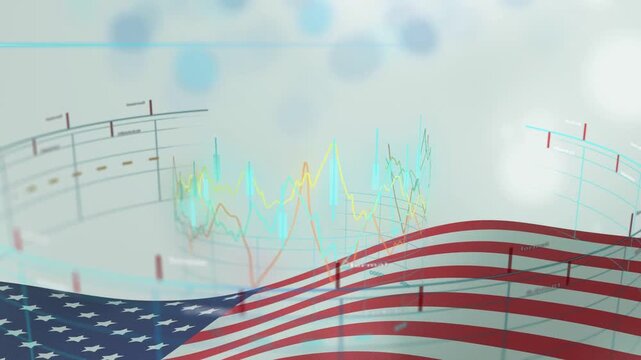 On reveal, waving American flag swaying while circular graphs pulsing to show broadcast data