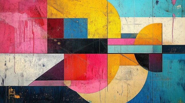 vibrant geometric composition of overlapping circles, semicircles and rectangles on weathered painted panels conveying playful, dynamic energy