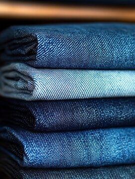 Neatly stacked folded blue denim jeans showing twill texture and indigo tones, evoking a calm, cozy, orderly mood
