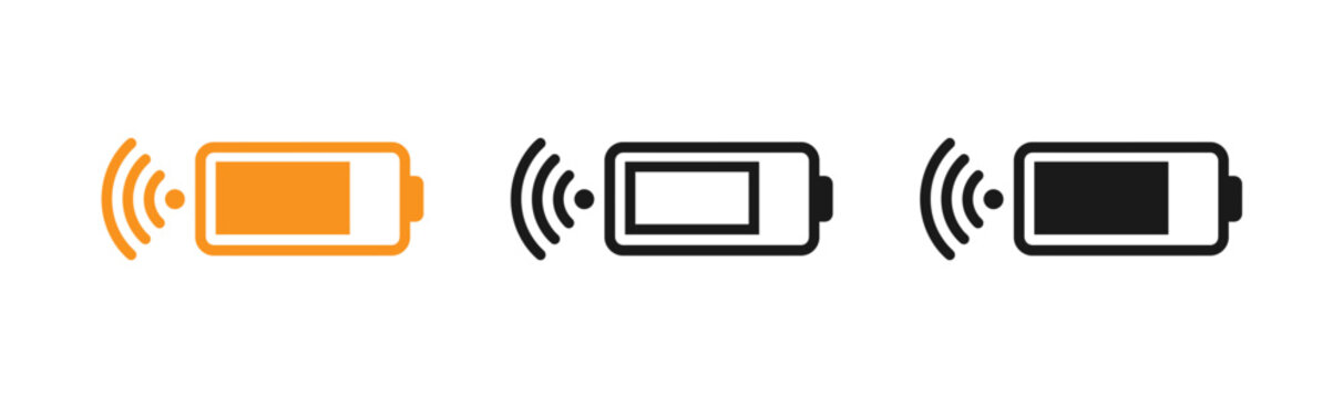 Wireless charging battery icons set full half and empty states in orange and black
