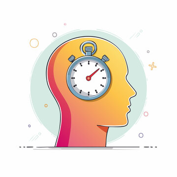 Stopwatch inside human head silhouette, symbolizing time management and thinking