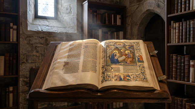 Ancient illuminated manuscript on wooden lectern in monastery library, gold leaf, shaft of light, all sharp.

