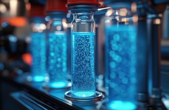 Close-up of glass vials filled with glowing blue bubbling liquid on a metal rack in a clinical laboratory, futuristic and mysterious atmosphere