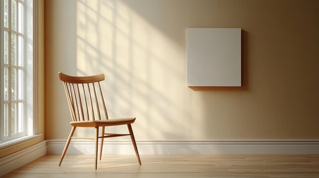 single wooden chair by tall window casting grid shadows on beige wall with blank square panel, warm sunlight creating a calm minimalist scene
