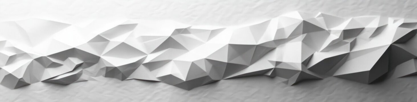 monochrome low-poly mountain ridge of sharp triangular facets casting soft shadows on textured paper, serene minimalist abstract panorama
