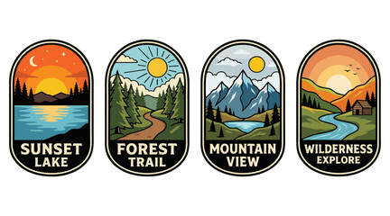 Four vintage style adventure patches featuring scenic natural landscapes including mountains forests lakes and cabins for outdoor travel branding projects © Ibnu Gazali