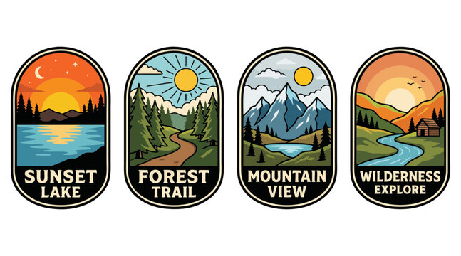 Four vintage style adventure patches featuring scenic natural landscapes including mountains forests lakes and cabins for outdoor travel branding projects