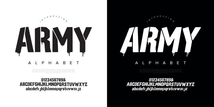 Distressed melting font army military bold stencil stencil drip vector alphabet