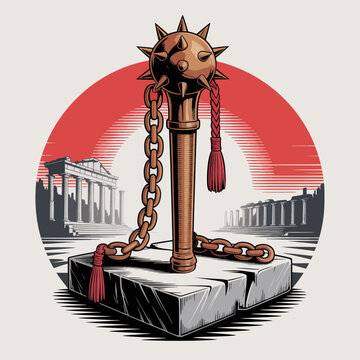 Iron flail weapon on pedestal base.
