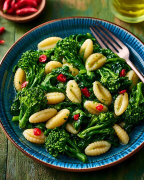 Cavatelli broccoli rabe with red chili in a blue ceramic bowl