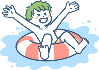 浮き輪に浮かんで遊ぶ男の子（青ベースの配色） © タダエミコ Emiko Tada