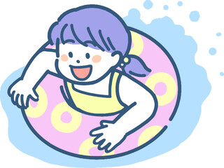 浮き輪に浮かんで遊ぶ女の子（青ベースの配色） © タダエミコ Emiko Tada