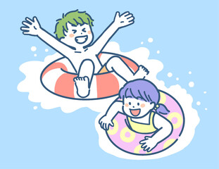 浮き輪に浮かんで遊ぶ男の子と女の子の子供たち（青ベースの配色） © タダエミコ Emiko Tada