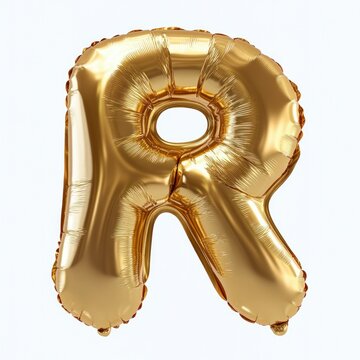 shiny gold foil balloon shaped like an uppercase letter r on white background, festive and celebratory