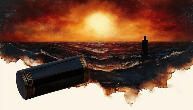 lonely silhouette standing on turbulent dark sea beneath a fiery orange sunset with a torn paper edge and a large black cylindrical object floating in the foreground, contemplative mood