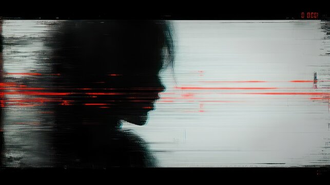 Glitched side-profile silhouette of a person against a pale background with red digital streaks and horizontal distortion, evoking isolation and introspective tension