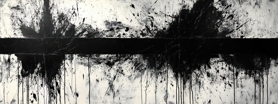 monochrome abstract canvas with bold horizontal black band, explosive splatters, vertical drips, scratches and raw texture conveying intense, chaotic energy