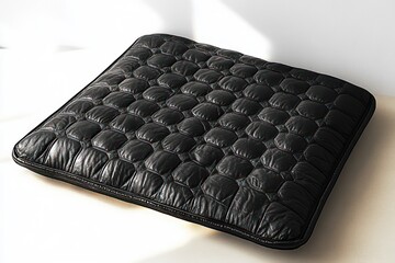 Naklejka premium black quilted leather seat cushion with tufted rounded squares on bright surface, soft sunlight and inviting cozy feeling