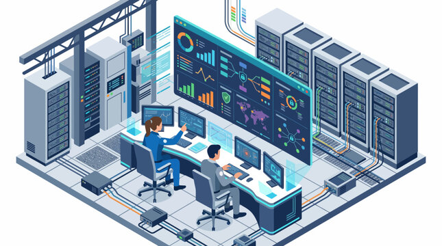 Isometric Data Center Server Room and Cybersecurity Operations Center Illustration