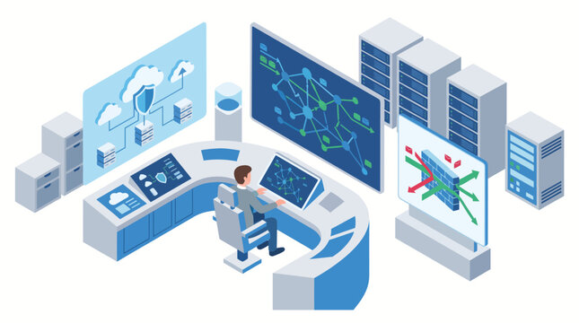 Isometric cybersecurity control room and datacenter vector illustration with technician monitoring cloud server network and firewall database security system