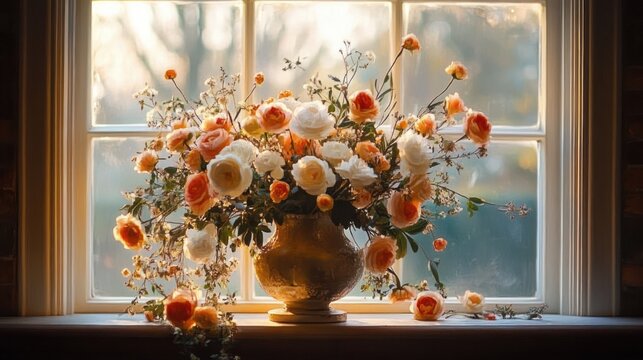 Lush bouquet of peach and white roses and delicate blossoms in a rustic ceramic vase on a sunlit windowsill, warm backlight evoking a serene cozy romantic morning