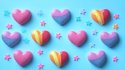 Obraz premium playful glossy heart-shaped chocolates and candies with colorful star confetti on bright blue background, cheerful whimsical mood