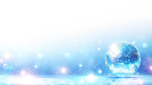 Soft Kpop blue disco ball glowing under bright sky with floating bubbles and light flares, creates summer fresh party vibes, great for wedding welcome backgrounds, baby shower invites