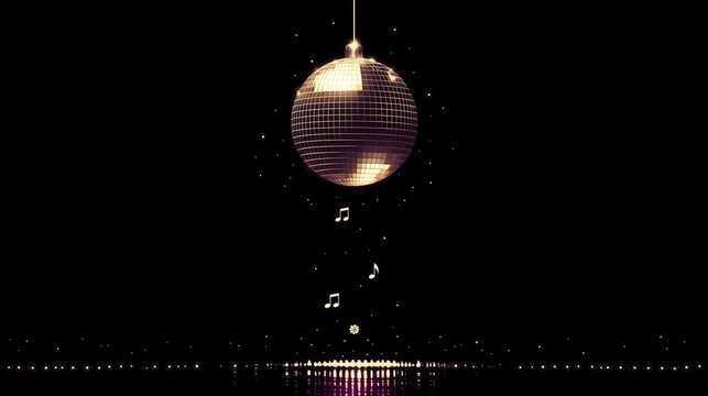 Golden hanging Kpop disco ball with falling musical notes and glowing lines on black background, perfect for retro party posters, concert promotions, and festive event invitations