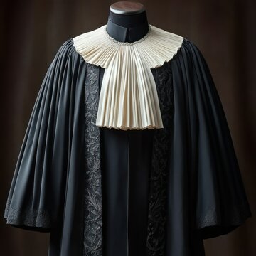 black ceremonial judge robe with embroidered front panels and pleated white ruff collar on mannequin conveying solemn dignity