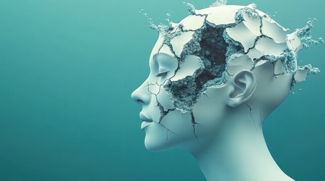 white sculpted head with cracked skull and flying fragments against a teal background, evoking fragmentation, vulnerability and dissolving identity