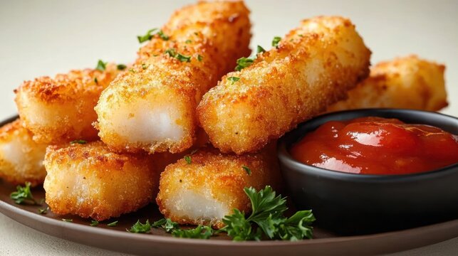 golden crispy breaded mozzarella sticks stacked on a plate with a bowl of tangy tomato dipping sauce and parsley garnish, mouthwatering and comforting