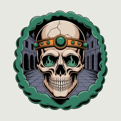Skull with crown and green eyes. © bos