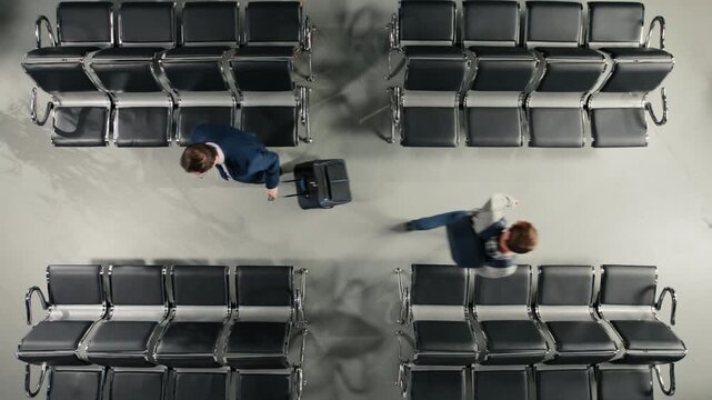 Travelers in airport terminal walking, sitting on empty seats. Passengers with trolleys and boarding passes navigating air transportation hub during international transit, top down view shot