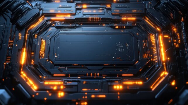 dark metallic futuristic control panel with octagonal frame, glowing orange circuit lights and sleek circuitry, emitting a tense high-tech mysterious atmosphere