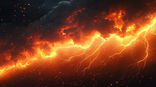 Ominous storm clouds split by a jagged glowing lightning fissure with roaring fiery sparks, intense apocalyptic energy