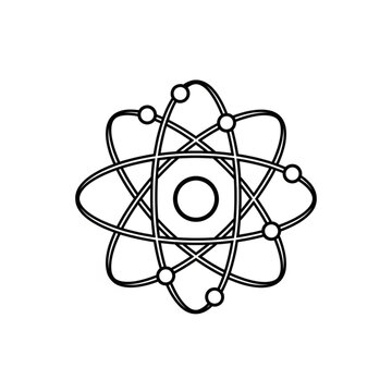 An illustration depicts an atom structure with orbiting particles around nucleus