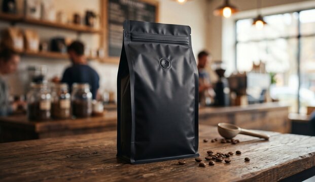 Blank matte black coffee bean pouch mockup on a wooden table