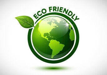 Fototapeta premium Eco Friendly Green Earth Globe Icon with Leaf and Water Drops for Environmental Conservation and Sustainability Concepts