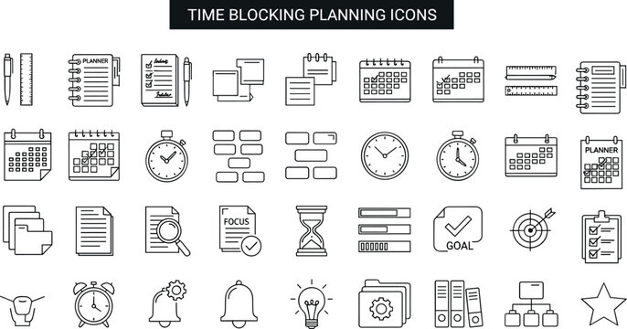Time Blocking Planning Line Icon Set For Schedule Calendar Task Management Productivity And Organized Workflow Vector Illustration