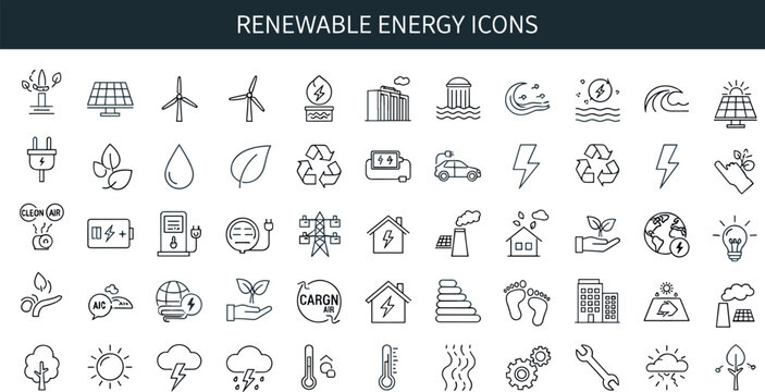 Renewable Energy Line Icon Set For Solar Wind Power Sustainability Clean Technology And Green Environment Vector Illustration