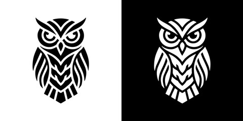 Fototapeta premium Owl illustrations presented in contrasting white and black backgrounds.