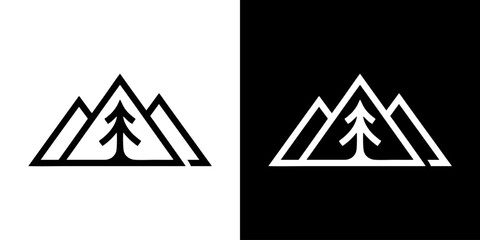Minimalist geometric mountain range and pine tree logo design in striking black and white, perfect for outdoor adventure, nature exploration, and environmental branding concepts © irfan