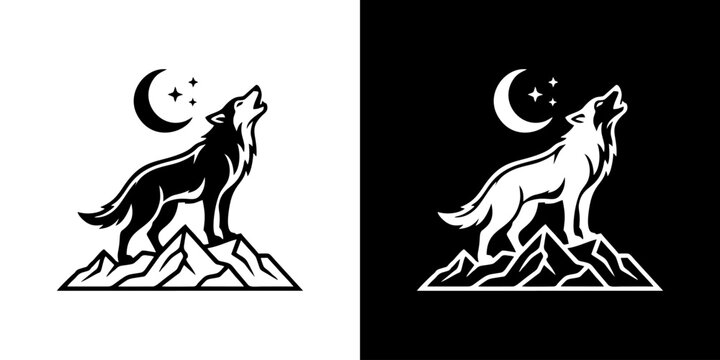 Majestic wolf howling at the crescent moon from a rugged mountain peak, embodying the spirit of the wild and untamed nature under the starry night sky
