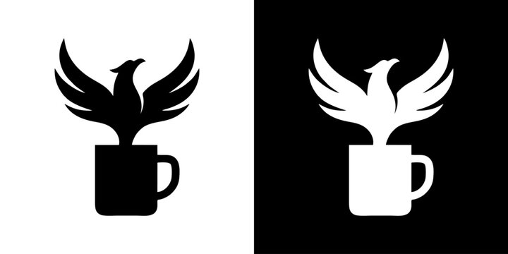 Stylized phoenix rising majestically from a coffee mug, symbolizing morning energy, new beginnings, and invigorating inspiration for a powerful start to the day