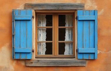 Obraz premium Rustic wooden window with blue shutters and lace curtains on warm orange stucco wall, cozy and charming