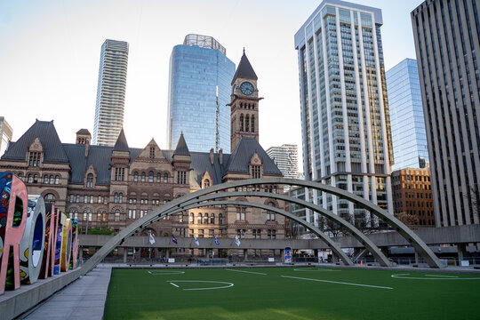 View of Nathan Phillips Square decorated for FIFA World Cup 2026. Toronto, Canada - May 12, 2026.